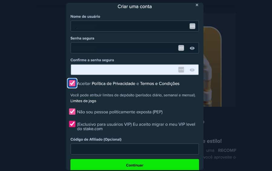 Etapa final do cadastro na Stake, onde o usuário cria o Nome de usuário e Senha, e marca as caixas de consentimento, como "Aceitar Política de Privacidade".