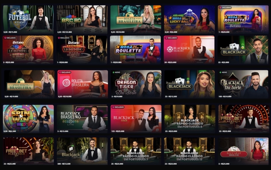 Lobby do Cassino ao Vivo Betano com diversas mesas de dealers brasileiros, incluindo Blackjack Ouro, Roleta Brasileira e Bac Bo Relâmpago.