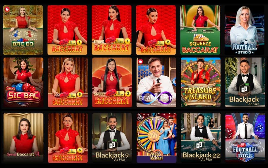 Seção de Cassino Ao Vivo da Betboom exibindo jogos com dealers reais como Crazy Time, Bac Bo, Blackjack Infinito e Roleta.