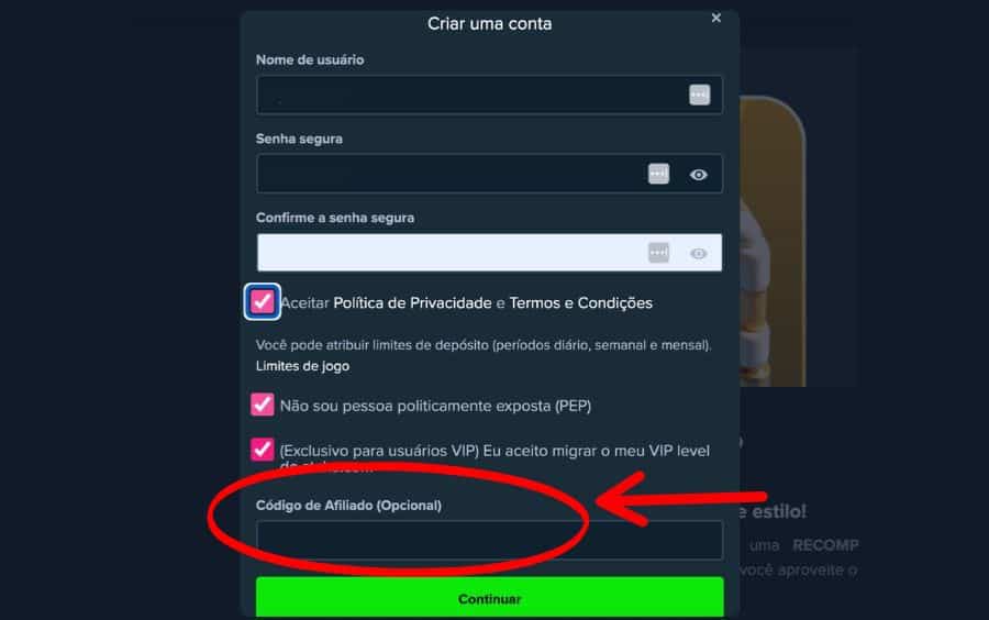 Tutorial mostrando o Passo 1 de como ativar o código de afiliado Stake, com um círculo vermelho destacando o campo "Código de Afiliado (Opcional)" no formulário de cadastro.