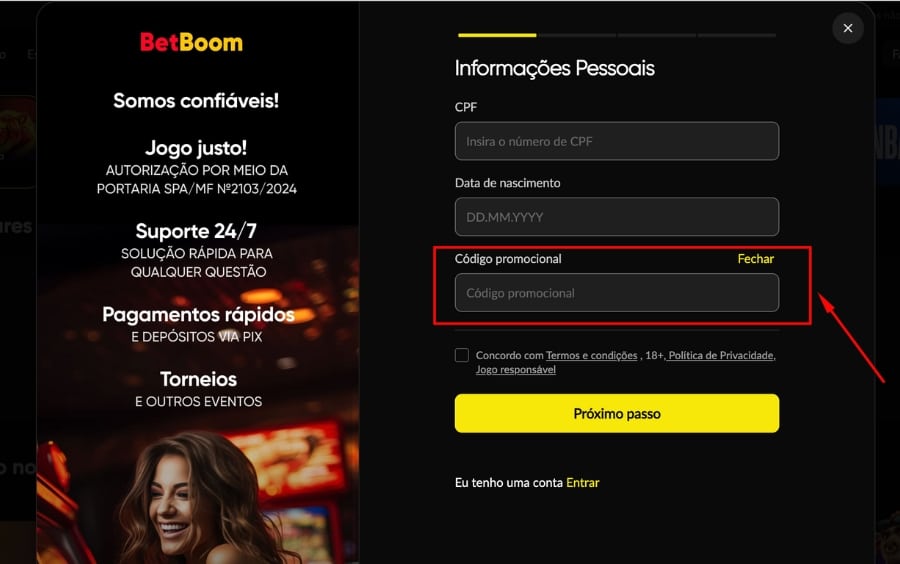 Primeira tela do formulário de cadastro da Betboom, com o campo 'Código promocional' em evidência, indicando onde o usuário deve inserir o cupom de bônus.