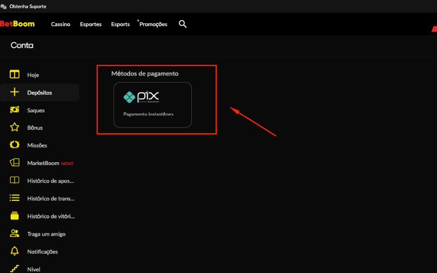 Tela de seleção de método de pagamento na Betboom mostrando a opção única de Pix para pagamento instantâneo.