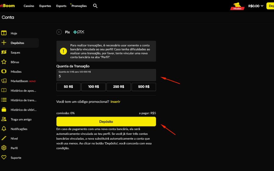 Formulário de depósito da Betboom onde o usuário insere o valor de 5 reais e clica no botão confirmar depósito.