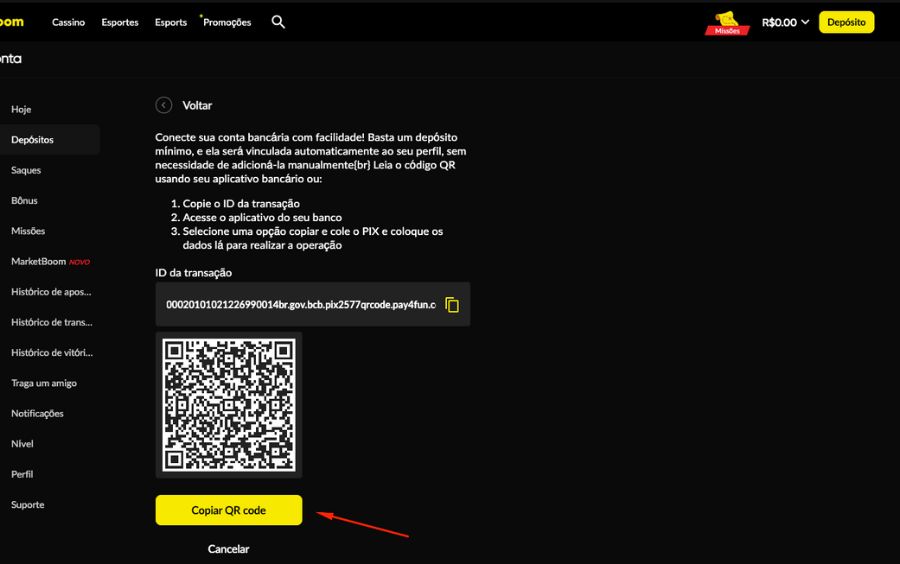 Tela final do depósito mostrando o QR Code gerado e o botão para copiar o código Pix para pagamento.