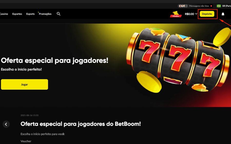 Captura de tela do menu superior da Betboom destacando o botão amarelo de Depósito no canto direito.