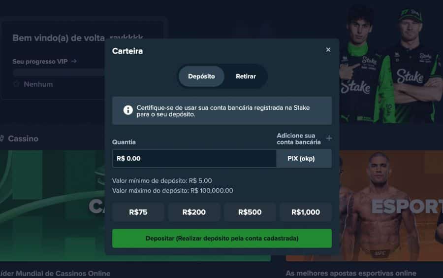 Passo 2 do tutorial de depósito da Stake, mostrando a janela pop-up "Carteira" com a aba "Depósito" selecionada.