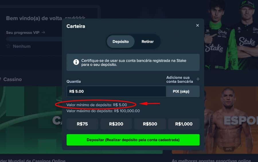 Passo 4 do tutorial de depósito da Stake, com a janela da "Carteira" aberta e um círculo vermelho destacando o "Valor mínimo de depósito: R$ 5,00".