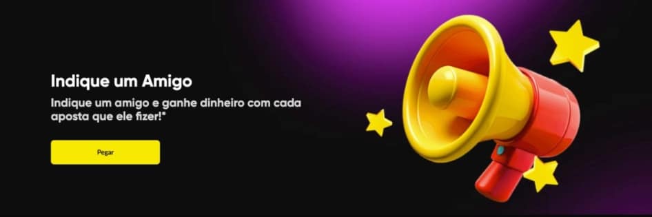 Ícone do programa Indique um Amigo, com um megafone vermelho e amarelo cercado por estrelas, representando a divulgação da promoção.
