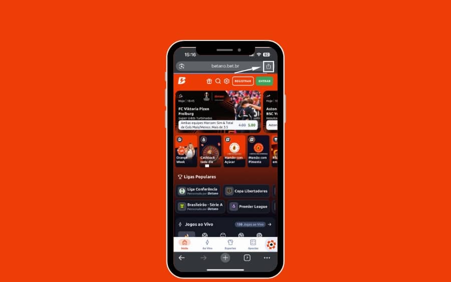Navegador Safari com uma seta indicando o ícone de "Compartilhar" (quadrado com seta para cima) na barra de endereço, primeiro passo para criar o atalho Betano.