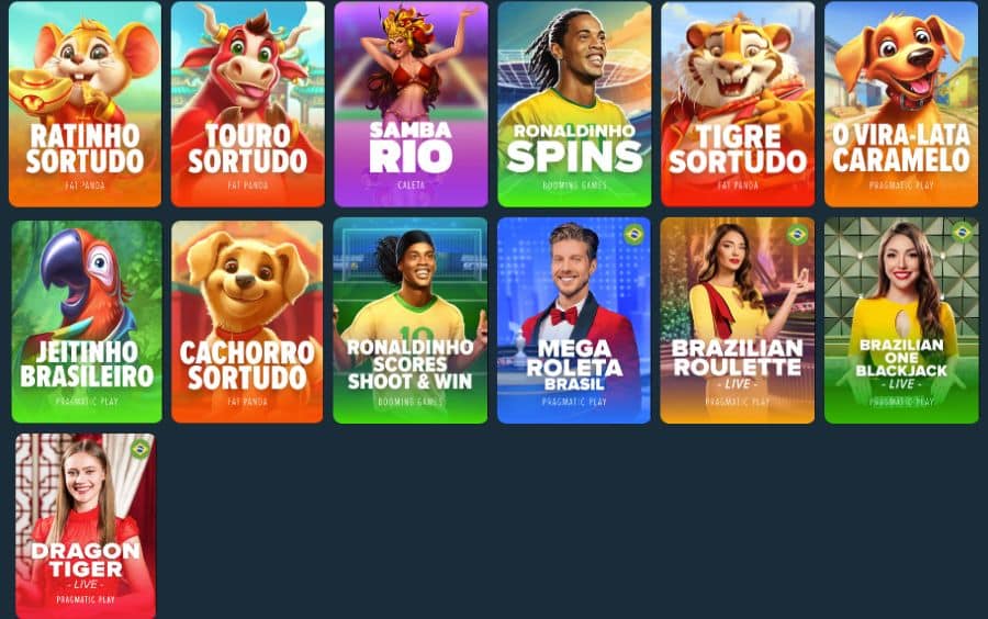 Seção de Jogos Brasileiros no Stake Cassino, com lista de jogos e grade de ícones como Ratinho Sortudo, O Vira-Lata Caramelo e Ronaldinho Spins.