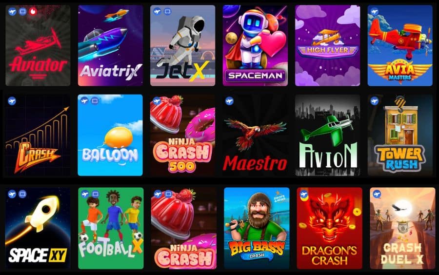 Catálogo de jogos Crash na Betboom com títulos famosos de aposta rápida como Aviator, Spaceman, JetX e Aviatrix.