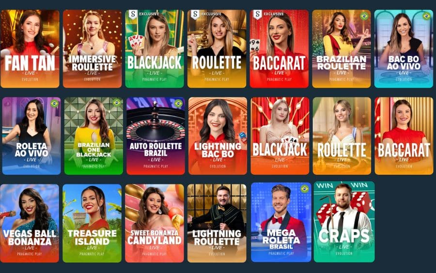 Menu do Cassino ao Vivo na Stake, listando jogos como Blackjack e Baccarat, e mostrando mesas de live casino como Fan Tan e Roleta ao Vivo.