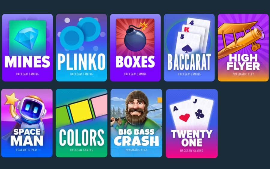 Seção de Jogos Crash (Jogos Turbo) na Stake, com lista de títulos e uma grade de ícones de jogos como Mines, Plinko e Spaceman.