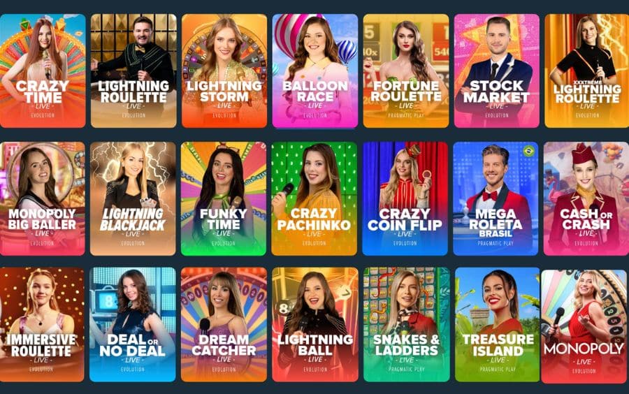 Menu de Game Shows do cassino Stake, listando títulos e exibindo uma grade de jogos como Crazy Time, Lightning Roulette e Stock Market.