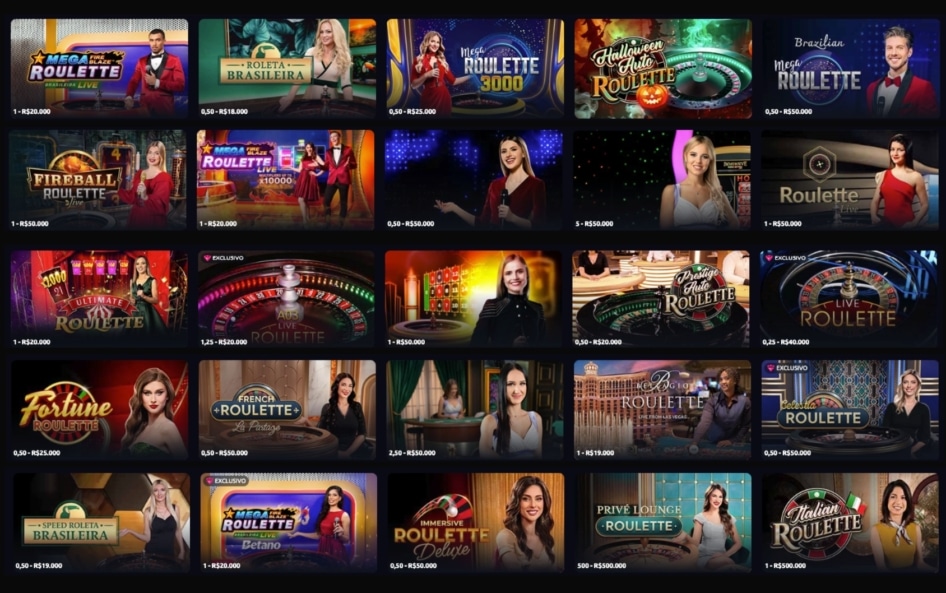 Seleção de mesas de Roleta ao vivo da Betano, destacando a Roleta Brasileira, Mega Fire Blaze Roulette e Roleta Relâmpago Betano XXXtreme.