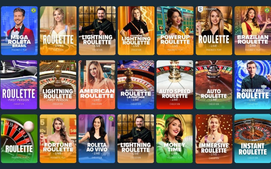 Menu de Roleta Online na Stake, listando variações do jogo e mostrando uma grade de mesas como Mega Roleta Brasil e Stake Exclusive Roulette.