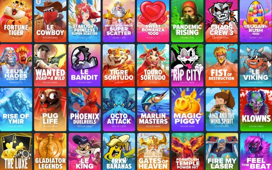 Seção de Caça-Níqueis (Slots) na Stake, com lista dos melhores jogos e grade de ícones de slots como Fortune Tiger e Sweet Bonanza.