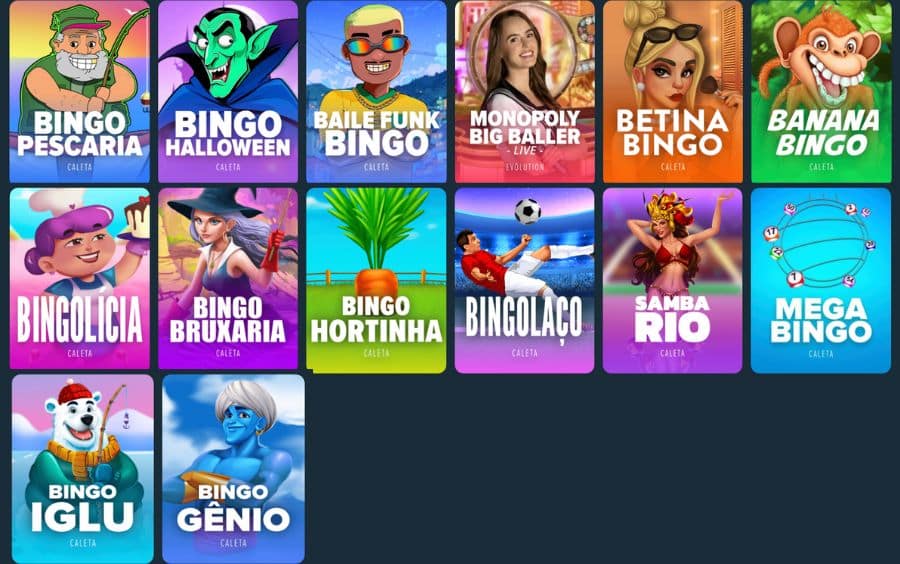 Seção de jogos de Bingo na Stake, com uma lista de títulos e uma grade de ícones de jogos como Bingo Pescaria, Bingo Halloween e Baile Funk Bingo.