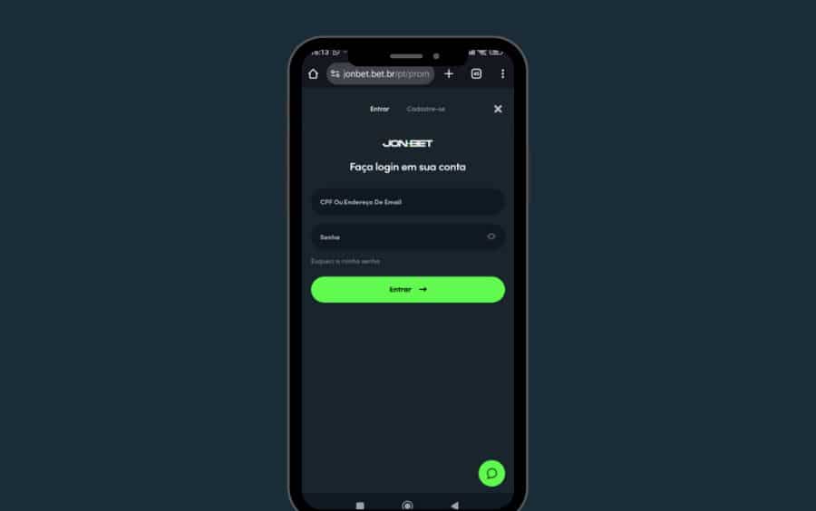 Passo 2 do login na Jonbet: a tela 'Faça login em sua conta' no celular, mostrando os campos para 'CPF Ou Endereço De Email' e 'Senha'.