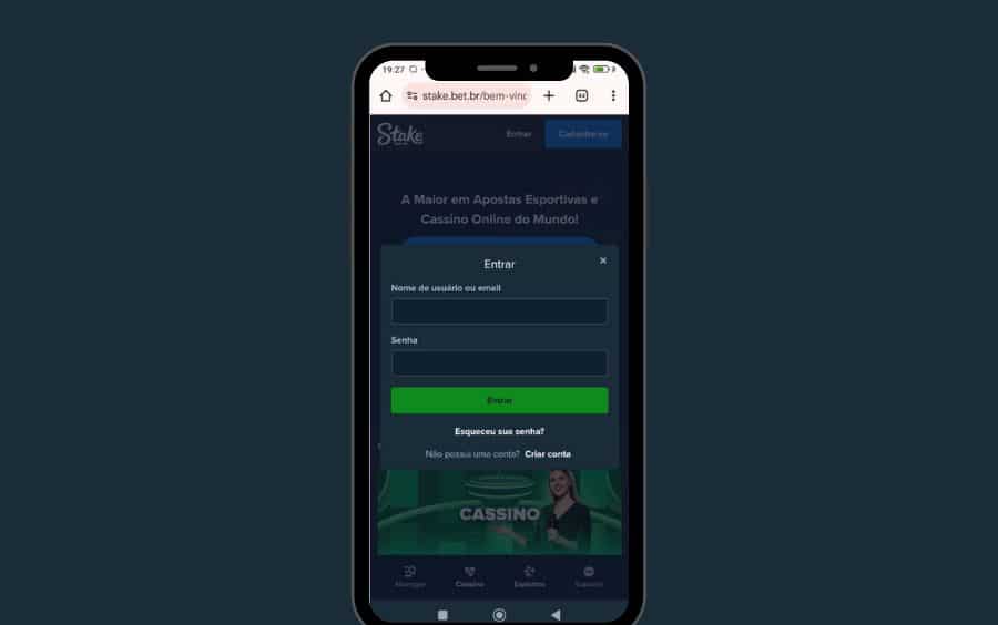 Janela pop-up "Entrar" (login) da Stake no celular, mostrando os campos para "Nome de usuário ou email" e "Senha".