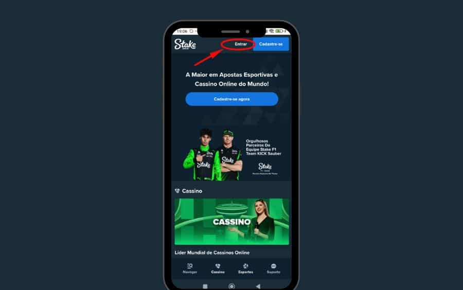 Página inicial do site Stake.bet.br em um navegador de celular, com um círculo vermelho destacando o botão "Entrar" no topo da tela.