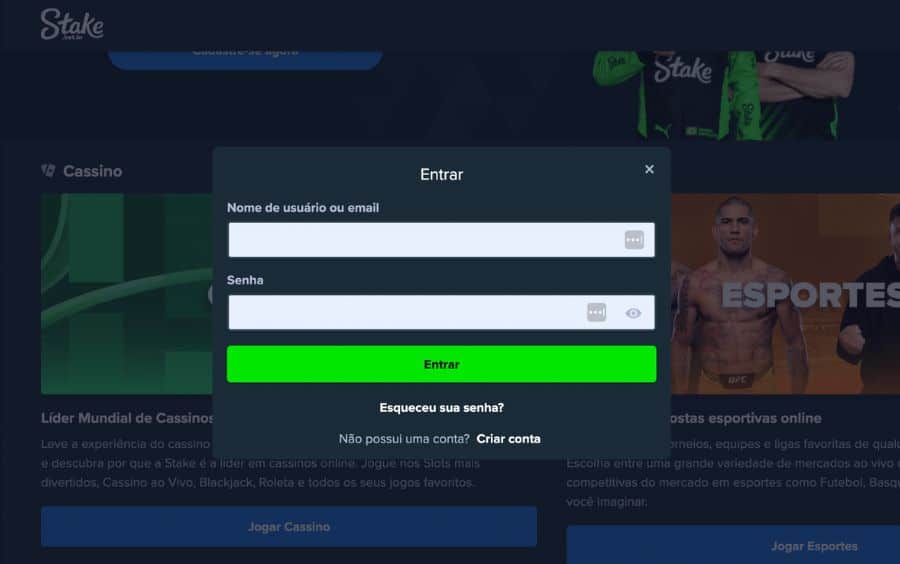 Passo 2 do tutorial de login da Stake, mostrando a janela pop-up "Entrar" com os campos para "Nome de usuário ou email" e "Senha".