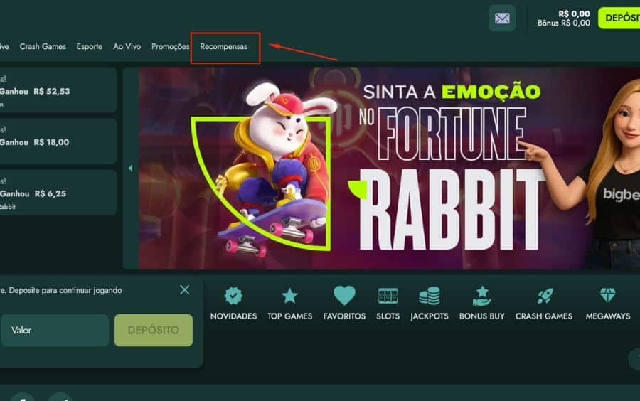 Captura de tela do menu da BigBet, com uma seta destacando a aba "Recompensas", o segundo passo para encontrar os giros grátis.