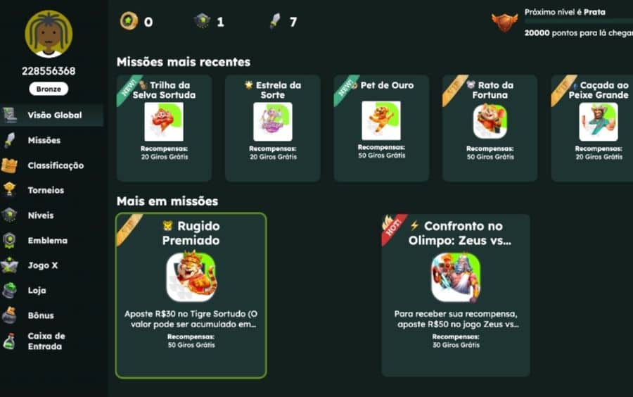 Captura de tela da central de "Missões" da BigBet, mostrando a lista de desafios de slots disponíveis para ganhar giros grátis.