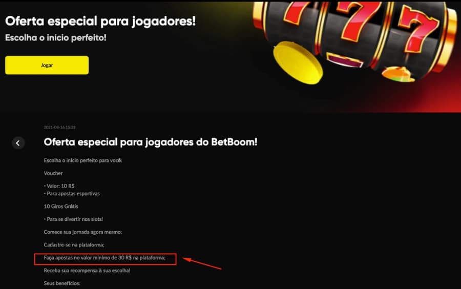 Tela da Oferta Especial de entrada da Betboom, destacando o requisito 'Faça apostas no valor mínimo de 30 R$ na plataforma'.