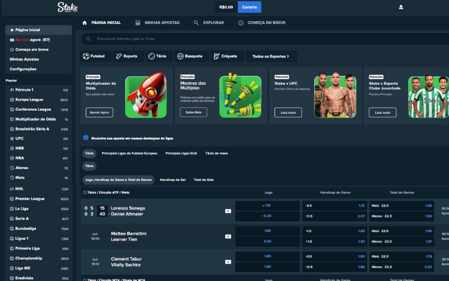 Visão geral da seção de Apostas Esportivas da Stake, com lista de modalidades e uma captura de tela do lobby de esportes.