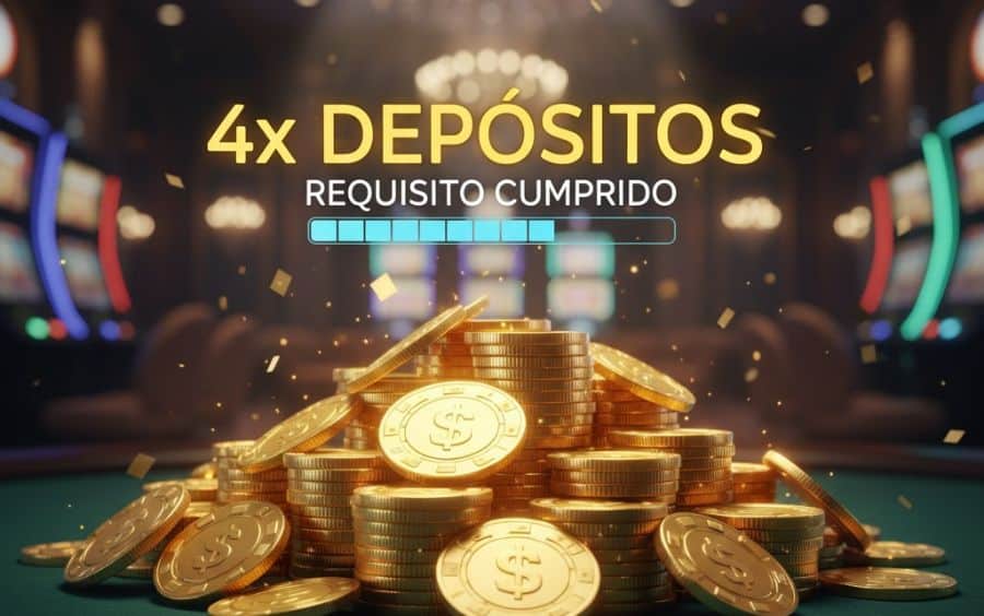 Gráfico com o texto "4x DEPÓSITOS" e "REQUISITO CUMPRIDO" sobre uma pilha de moedas de ouro, em um fundo de cassino.