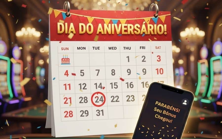 Um calendário com o título "DIA DO ANIVERSÁRIO!" e um celular ao lado com a notificação "PARABÉNS! Seu Bônus Chegou!".