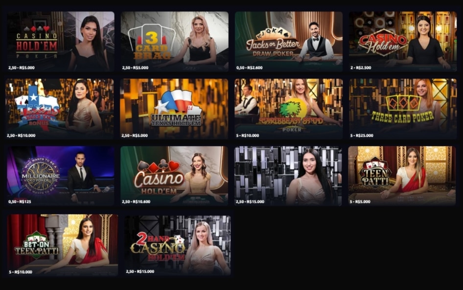 Lista de jogos de Poker contra a casa na Betano, exibindo opções como Casino Hold'em, Ultimate Texas Hold'em e Three Card Poker.