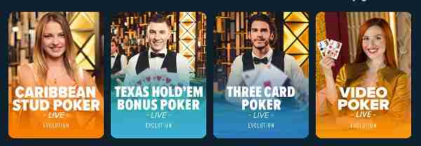 Menu de Poker na Stake, listando os jogos de cassino ao vivo disponíveis, como Caribbean Stud Poker e Texas Hold'em Bonus Poker.