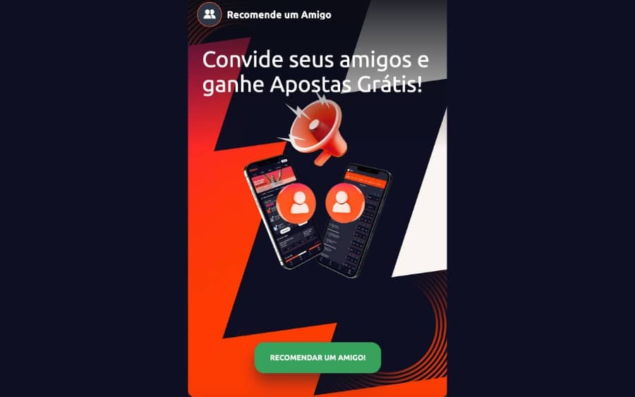 Campanha "Recomende um Amigo" da Betano mostrando dois celulares conectados, oferecendo Apostas Grátis para quem convidar amigos para a plataforma.