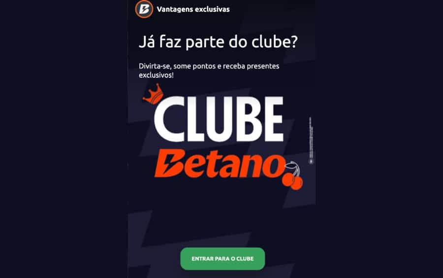 Banner do Clube Betano convidando o jogador a fazer parte do programa de fidelidade para somar pontos e receber presentes exclusivos.