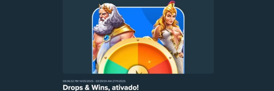 Banner da promoção "Drops & Wins, ativado!" da Stake, anunciando o prêmio total de R$ 68.200.000* da Pragmatic Play, com uma imagem de deuses gregos e uma roleta.