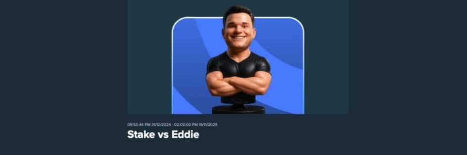 Banner da promoção "Stake vs Eddie (Desafio Semanal de R$ 25.000)", mostrando um avatar de Eddie com os braços cruzados.