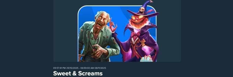 Descrição da promoção "Sweet & Screams Prize Drop – R$ 3.000.000", com a imagem de um zumbi e um feiticeiro de Halloween e o título "Sweet & Screams".