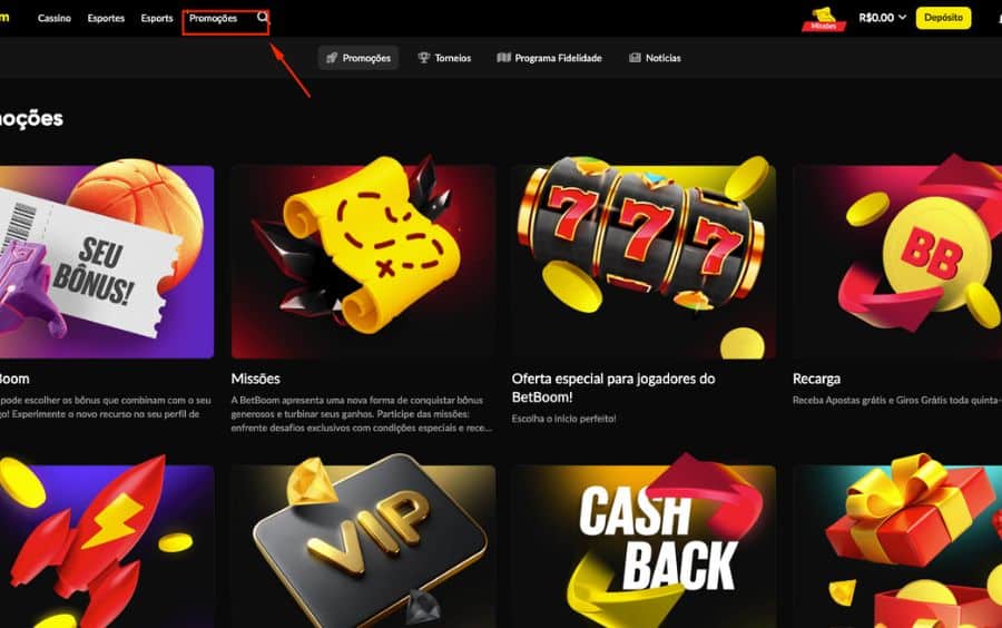 Menu superior da Betboom, destacando a aba 'Promoções' que leva à página de ofertas, incluindo MarketBoom, Missões e Recarga