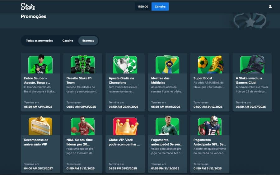 Visão geral da seção "Stake Promo: Bônus de Apostas Esportivas", que lista os tipos de promoções como Pagamento Antecipado e eSports, e exibe uma grade de ofertas ativas, incluindo "Febre Sauber" e "Aposta Grátis na Champions".