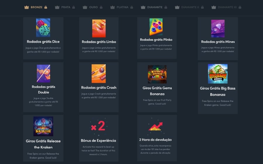 Rodadas Grátis Blaze: Painel de recompensas da Blaze exibindo rodadas grátis para jogos originais como Crash, Double, Mines e slots como Big Bass Bonanza e Gems Bonanza, além de bônus de cashback.