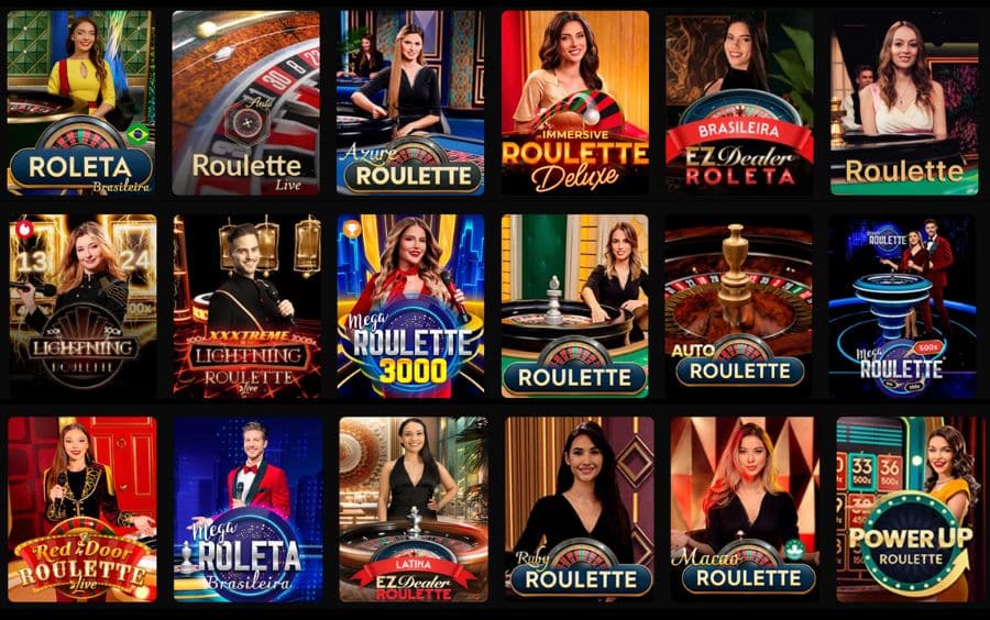 Vitrine de jogos de Roleta Online na Betboom, incluindo opções de Roleta Brasileira, Auto Roulette e Lightning Roulette.