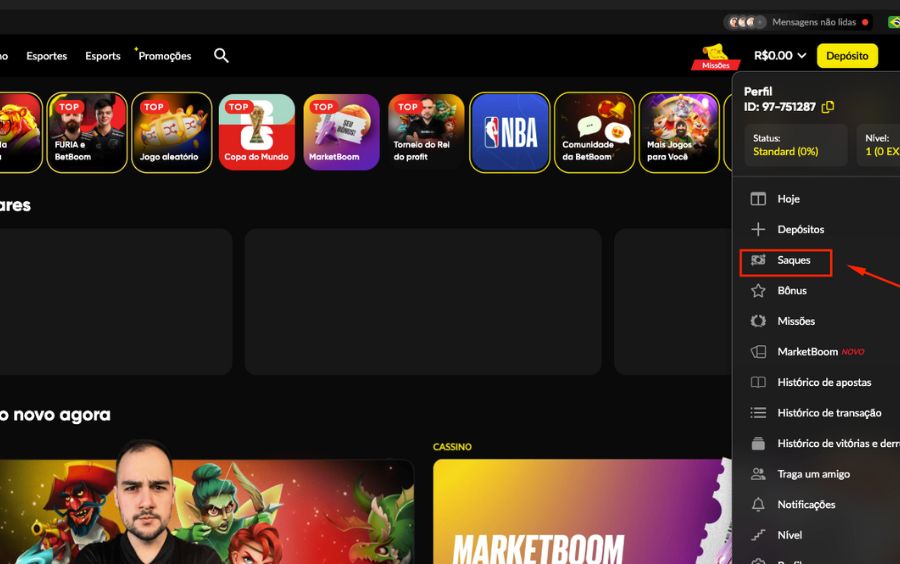 Menu de perfil do usuário na Betboom com a opção "Saques" destacada.