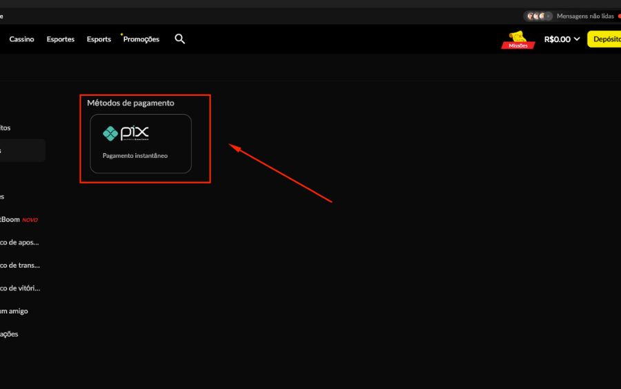 Tela de seleção de método de saque na Betboom mostrando a opção única de Pix.