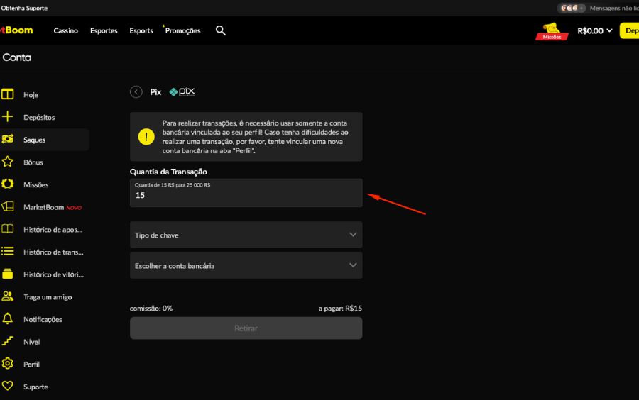 Campo de inserção de valor para saque na Betboom com o valor mínimo de 15 reais preenchido.