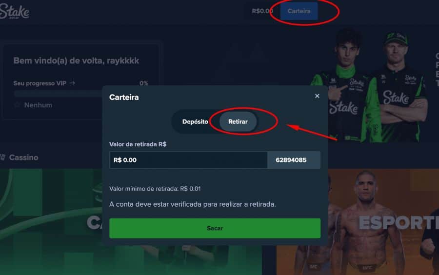Passo 1 do tutorial de saque da Stake, mostrando a janela pop-up "Carteira" com círculos vermelhos no botão "Carteira" e na aba "Retirar".