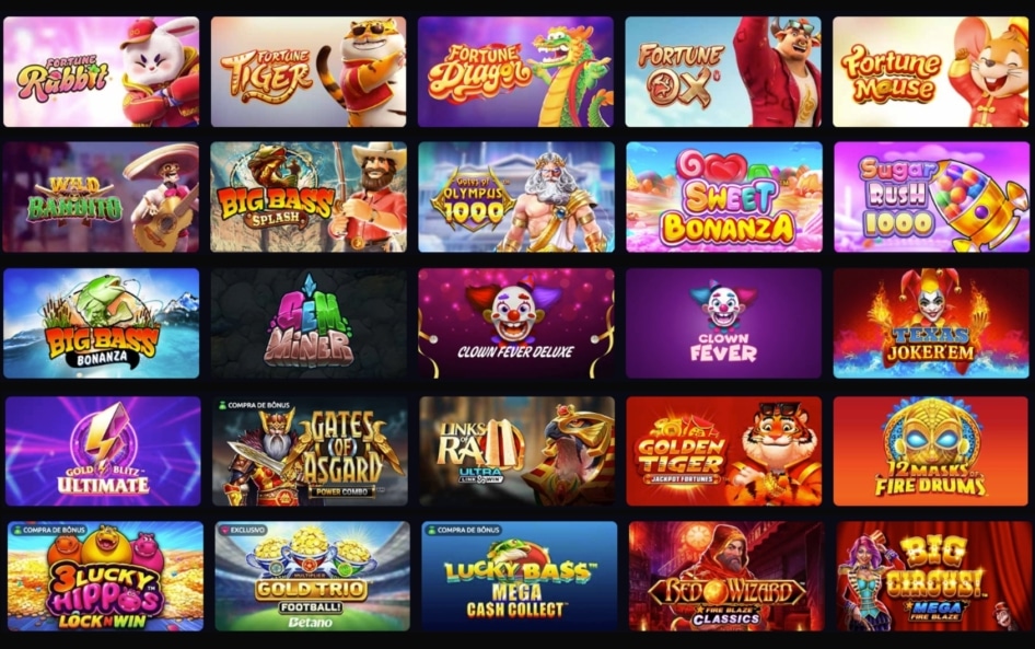 Grade de jogos de slots (caça-níqueis) da Betano mostrando títulos populares como Fortune Tiger, Fortune Rabbit, Gates of Olympus e Big Bass Splash.