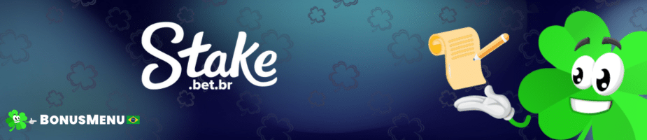 Banner da Stake .bet.br com o logotipo, um papel e um lápis, e um trevo de quatro folhas mascote, ilustrando o processo de Cadastro Stake 2025.