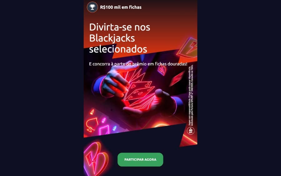 Banner do "Torneio Blackjack" da Betano anunciando um prêmio total de R$ 100 mil em fichas douradas para os participantes selecionados.
